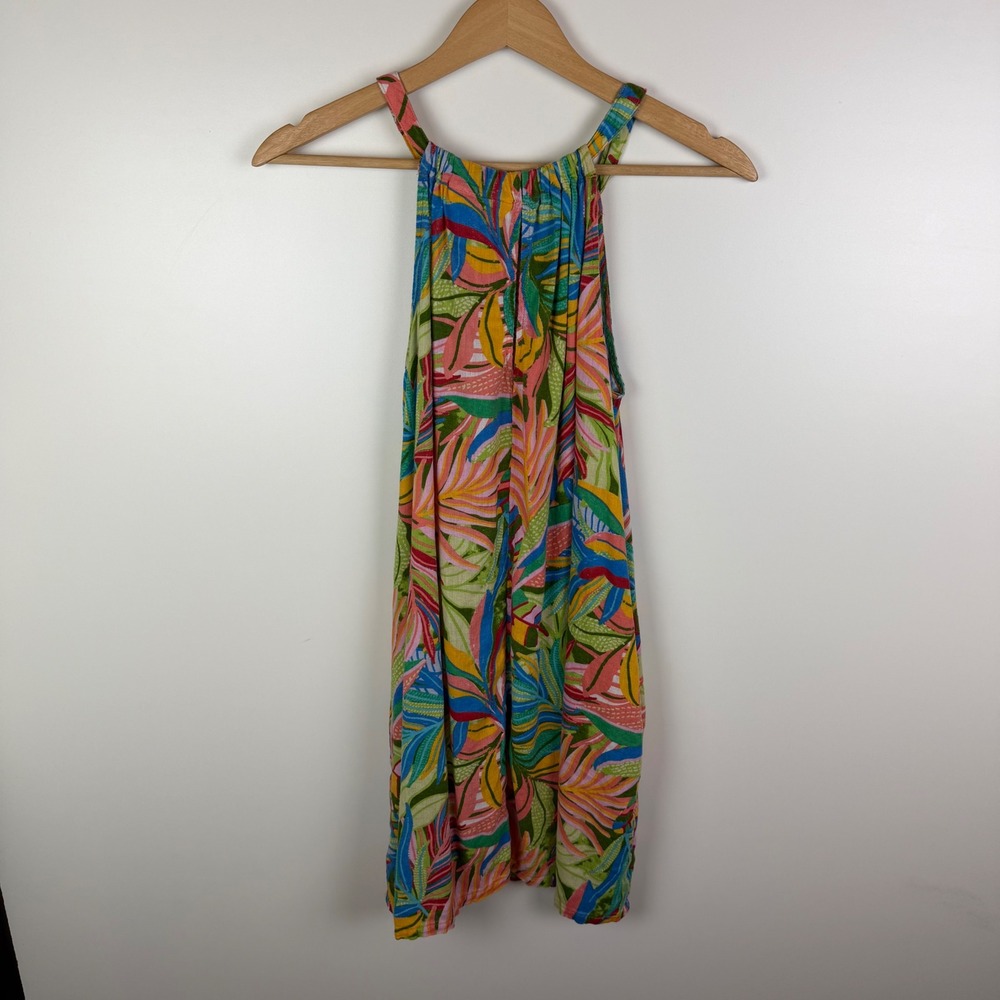 C&C California Tropical Linen Blend Halter Mini Dress Small Multicolor Resort - Picture 4 of 8
